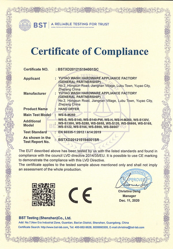 Certificado CE LVD de secador de manos